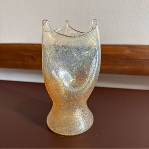 Antique Dugan Iridescent Yellow Venetian Frit Glass Tri-Horned Vase